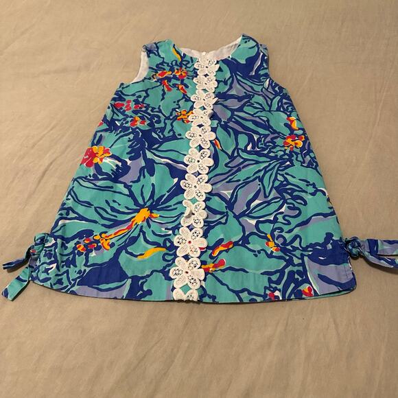 Lilly Pulitzer Girls Little Lilly Classic Shift Dress Blue Teal Size 4 Tropical - Picture 1 of 6